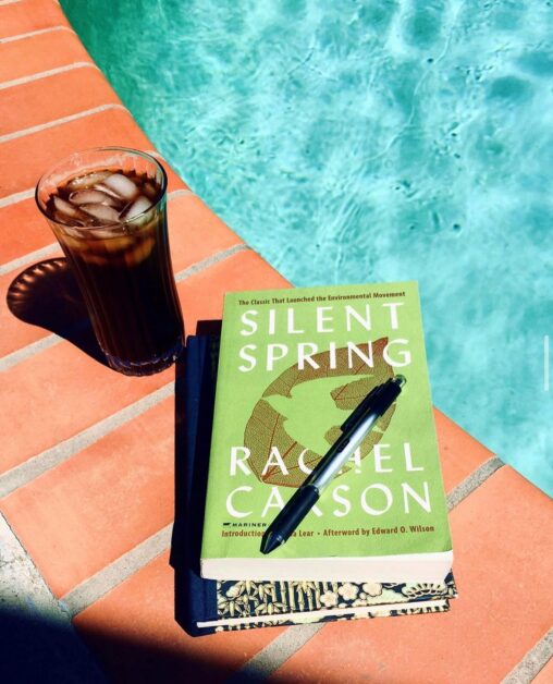 Pictured is a book titled Silent Spring sitting on a journal, and next to an iced coffee. Silent Spring talks about climate anxiety and environmentalism.