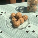 Vegan peanut butter and chocolate chip protein balls. Sustainable snack idea.