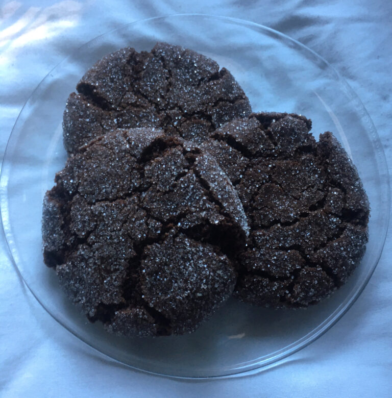 Vegan chocolate sugar cookies on a glass plate.