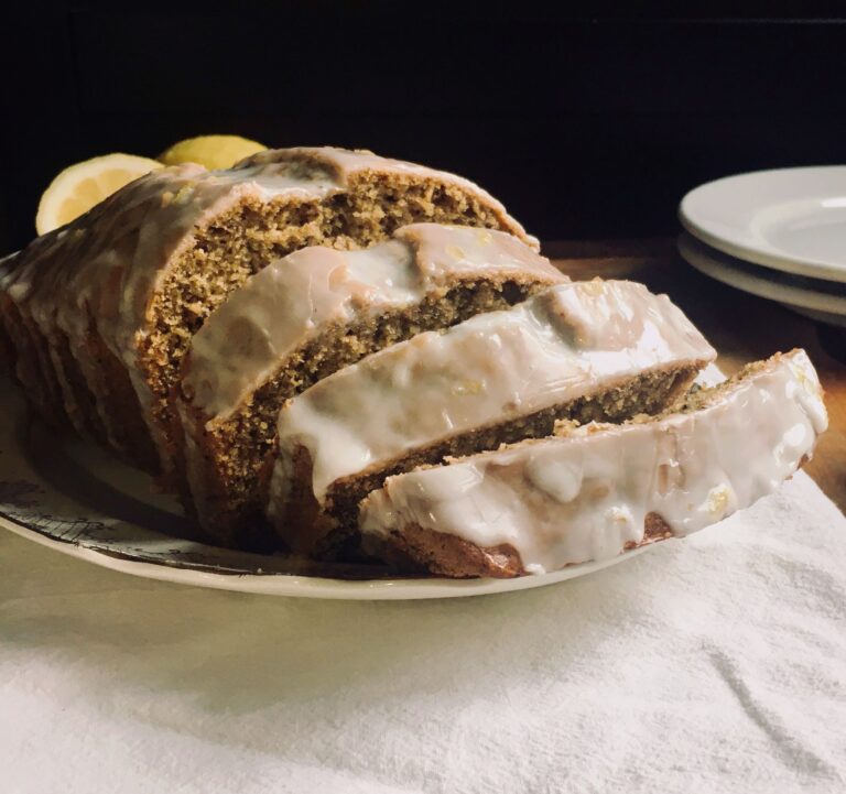 Vegan Earl Grey pound cake with lemon icing.