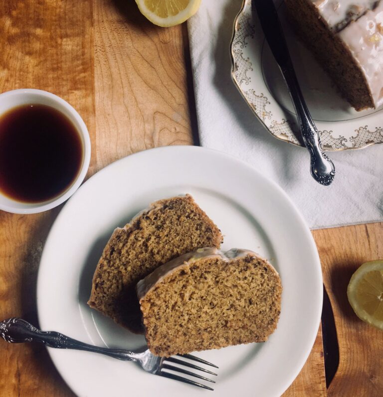 Vegan Earl Grey pound cake with lemon icing.