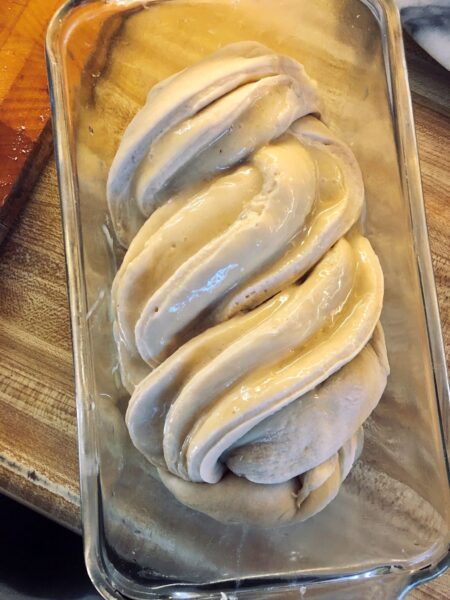 Vegan lemon babka in a loaf pan, before the second rise.