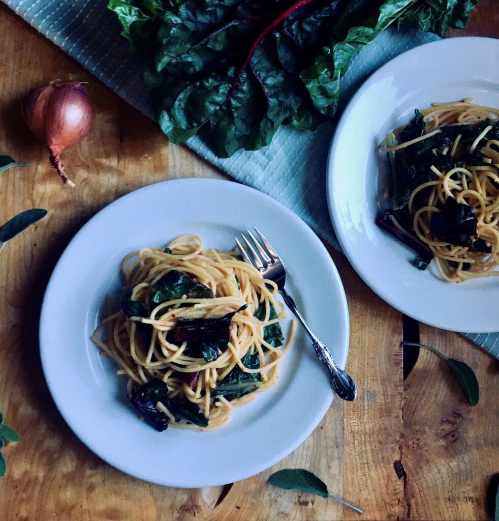 vegan swiss chard and lemon spaghetti.