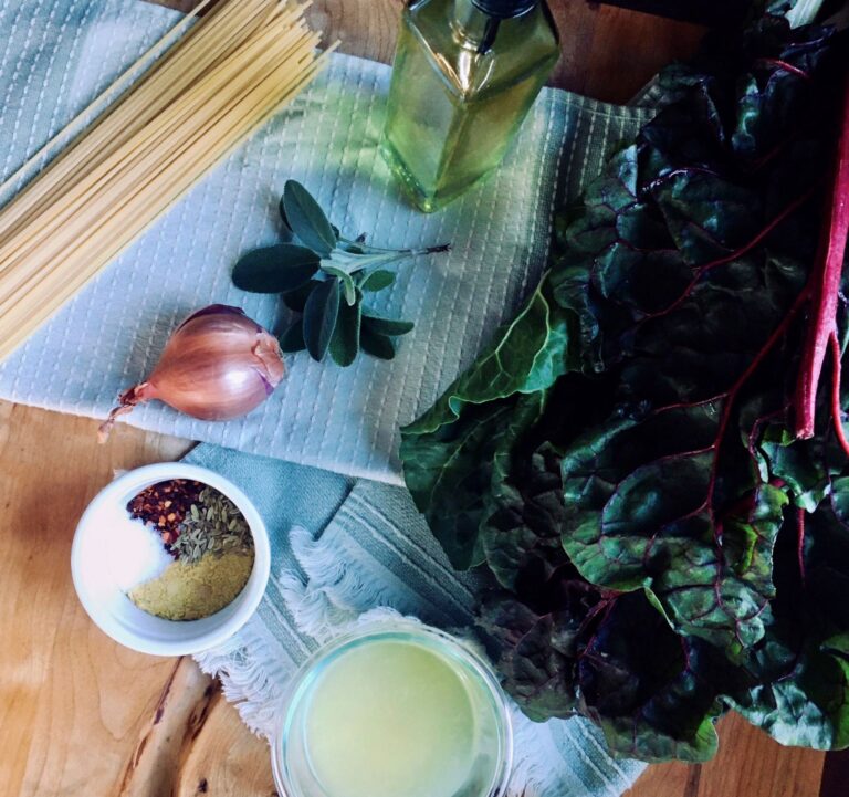 Ingredients for swiss chard and lemon spaghetti.