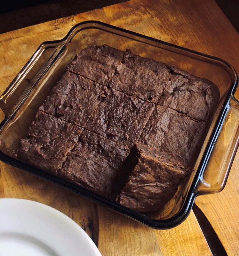 Pan of vegan protein brownies. Recipe from digestible sustainability.