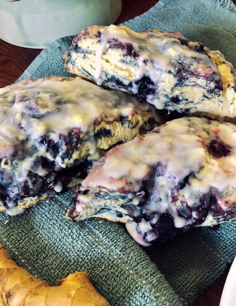 Stacked ginger and blackberry scones.