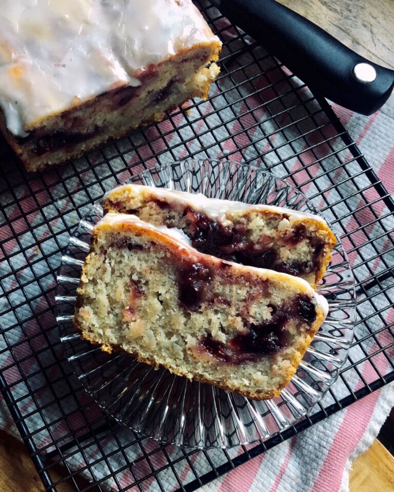 Vegan cherry and lemon pound cake slices, recipe from digestiblesustainability.com