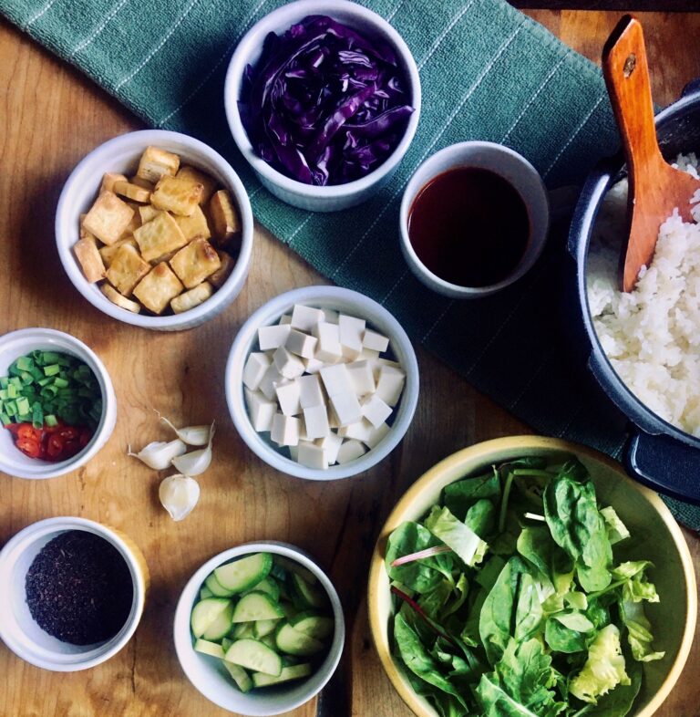 Ingredients to make vegan poke salad with gochujang sauce.