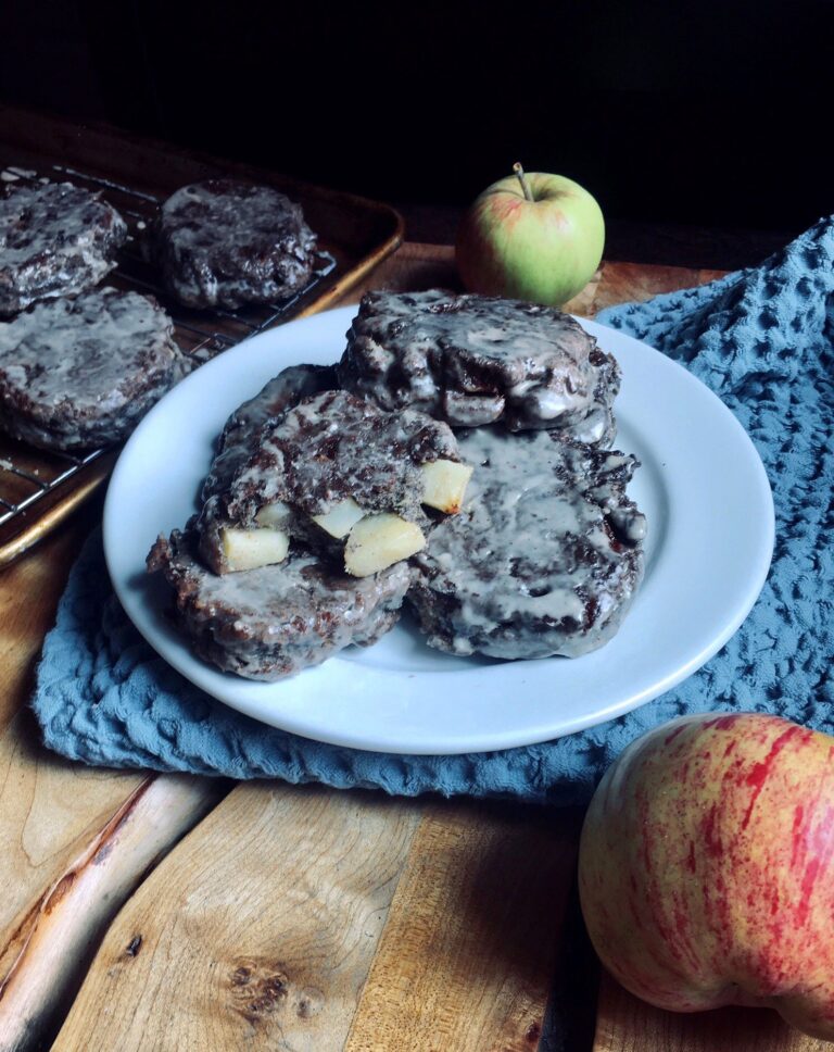 vegan apple fritters recipe with buckwheat flour and chunky apples.