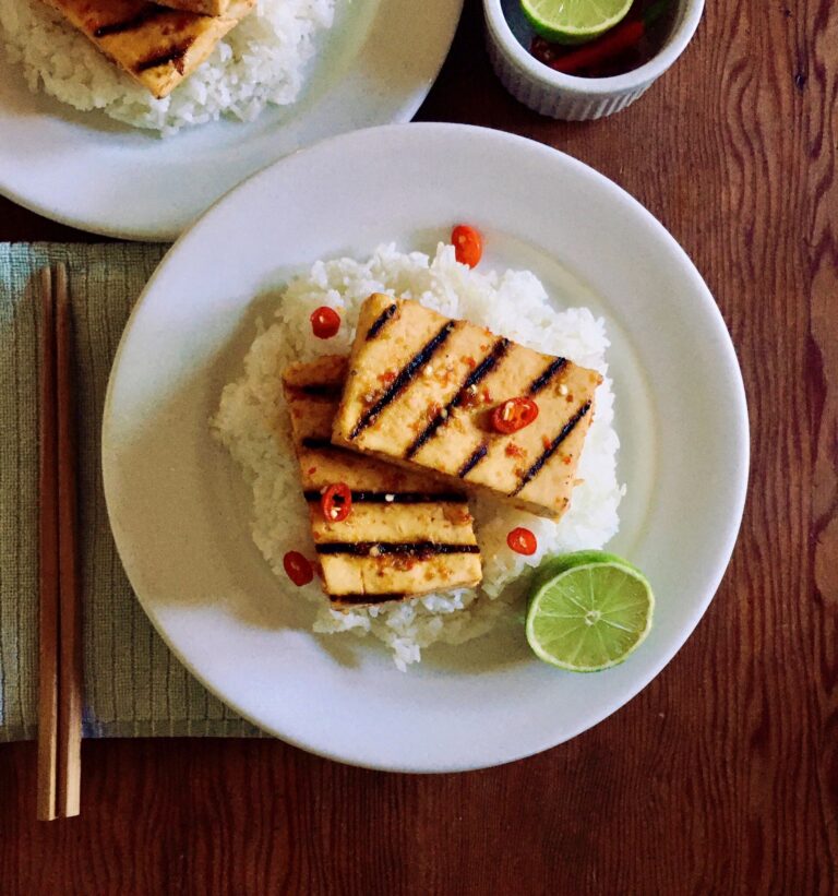 Chili lime grilled tofu recipe, serve with rice or veggies.