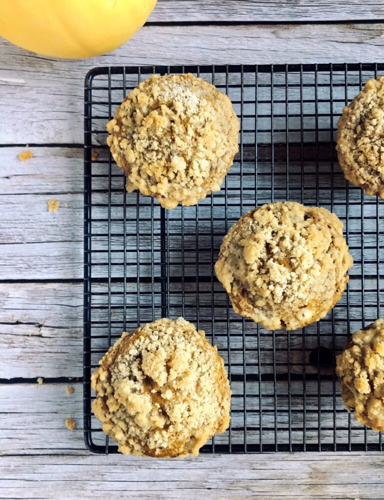 Plant-based and nut-free pumpkin muffins with a streusel topping.