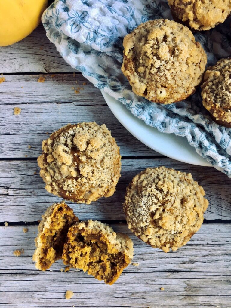 Vegan pumpkin muffins with a streusel topping.