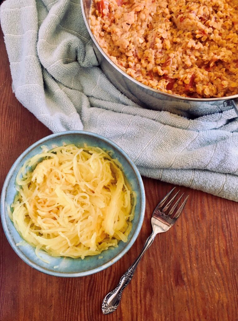 spaghetti squash recipe with creamy lentil sauce from digestiblesustainability.com