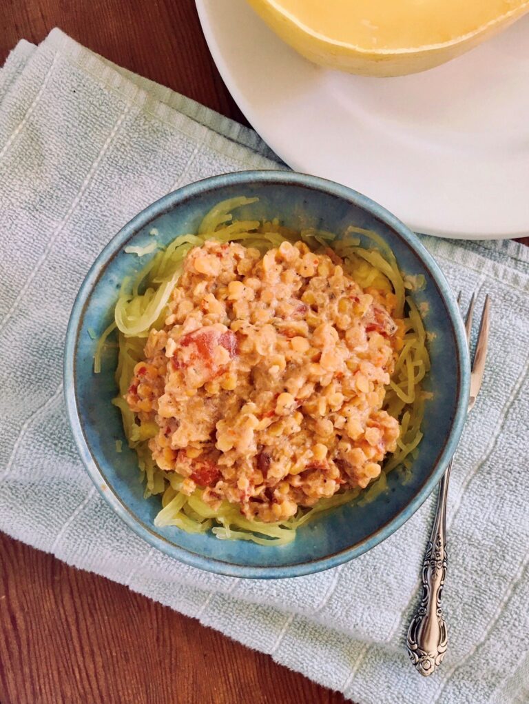 Creamy Lentil Arrabbiata Spaghetti Squash recipe from digestiblesustainability.com