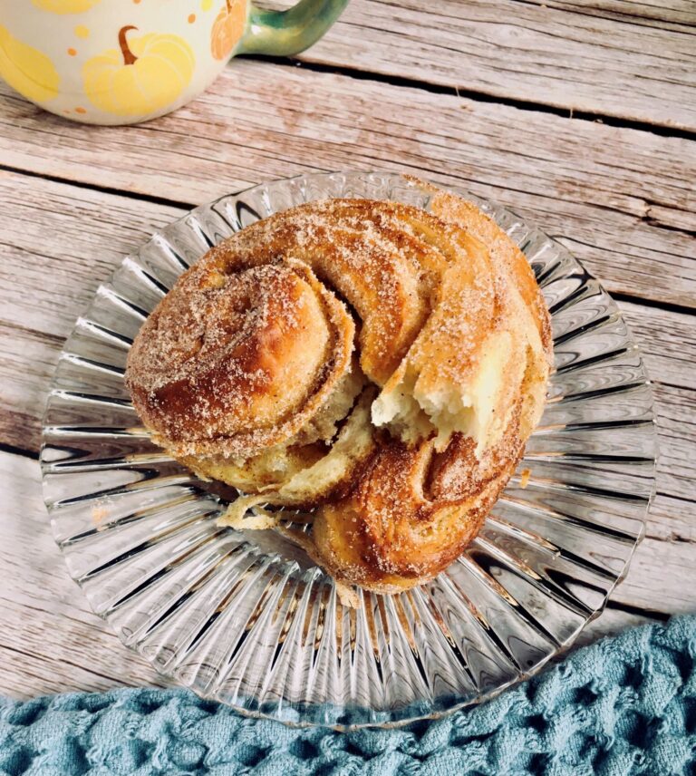 Torn vegan pumpkin morning bun, recipe from digestiblesustainability.com